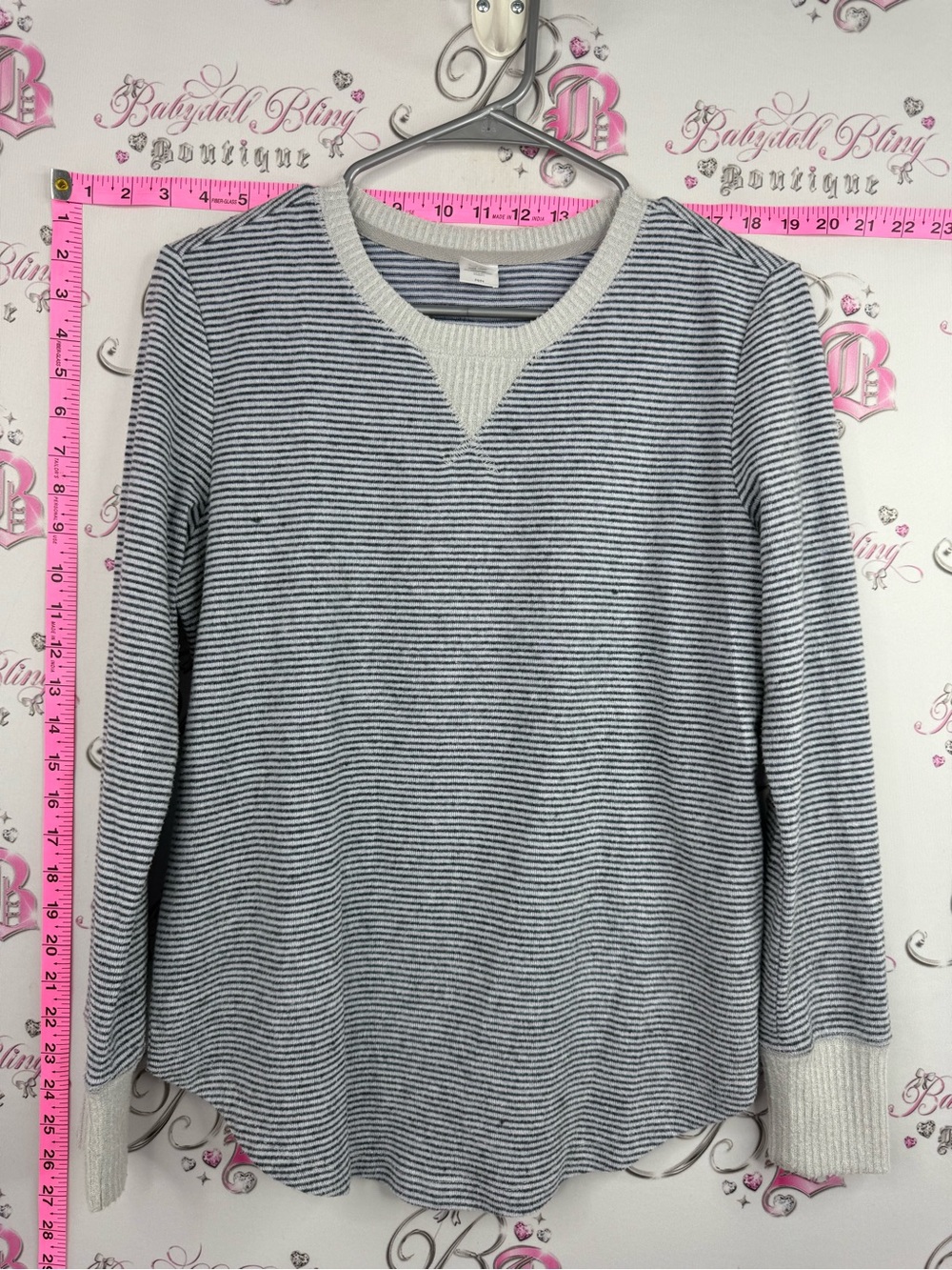 Simons Navy and Cream Striped Crewneck Sweater